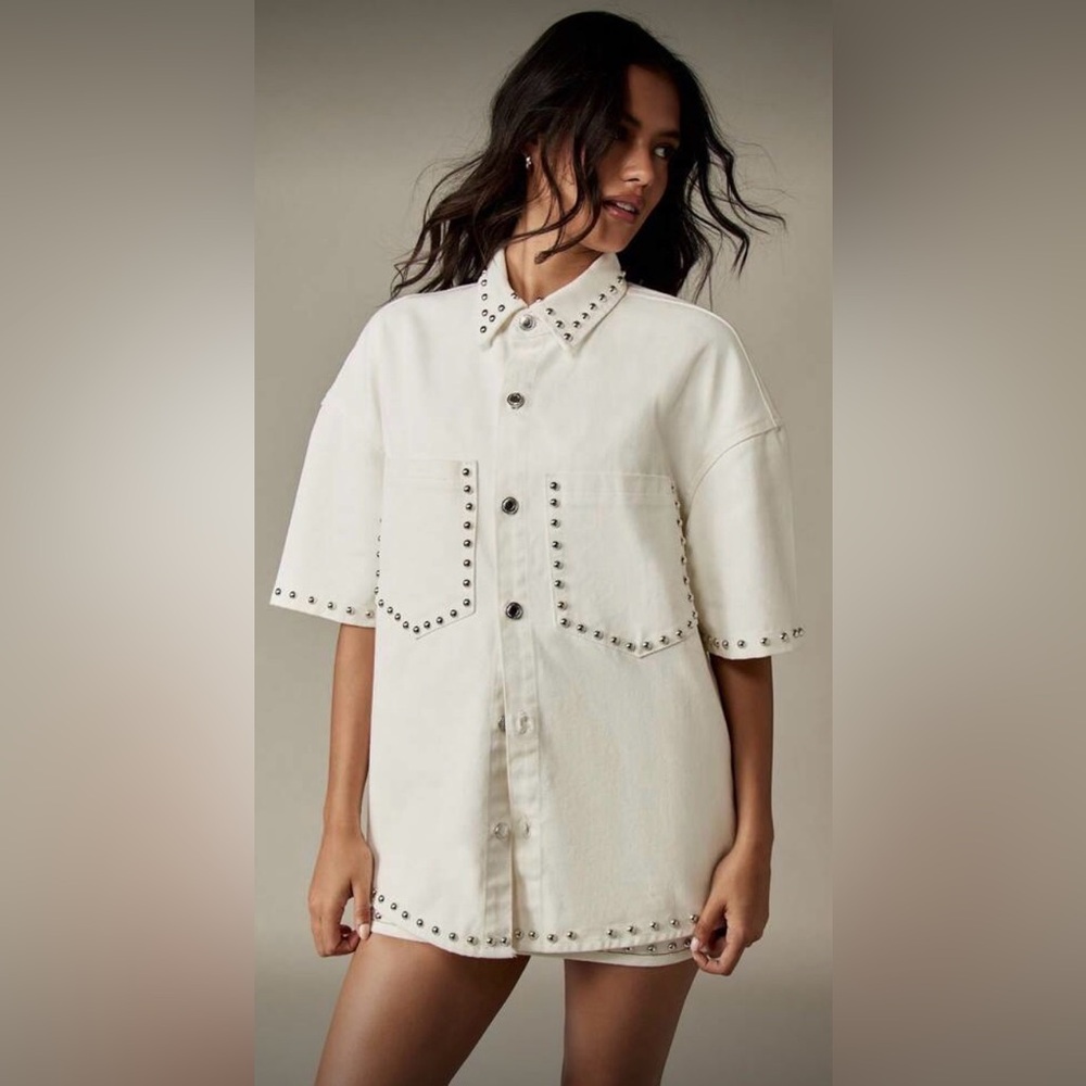 Missguided Ivory Cream Studded Denim Shirt Oversized, XS Fits L, Pockets, NWT